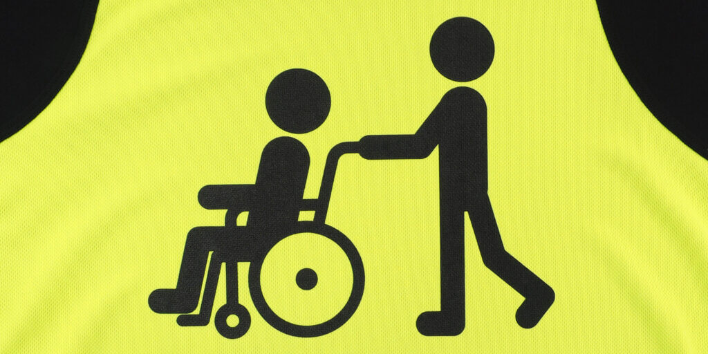 NPO法人の車椅子体験・お祭りイベント用ビブス 車椅子と介護士プリント